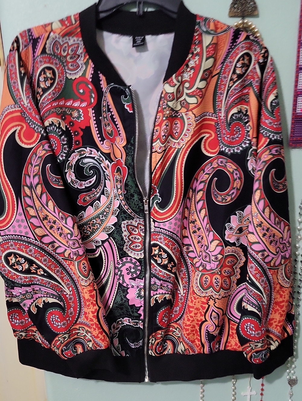 Paisley Zip-Front Bomber Jacket - Pink & Black